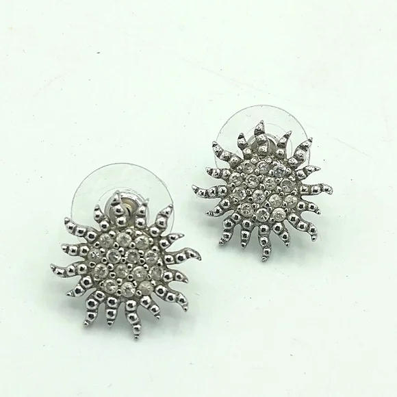 Silver Stamped S25 Starburst Sunburst Snowflake Rhinestone Post Back Earrings - Picture 7 of 7